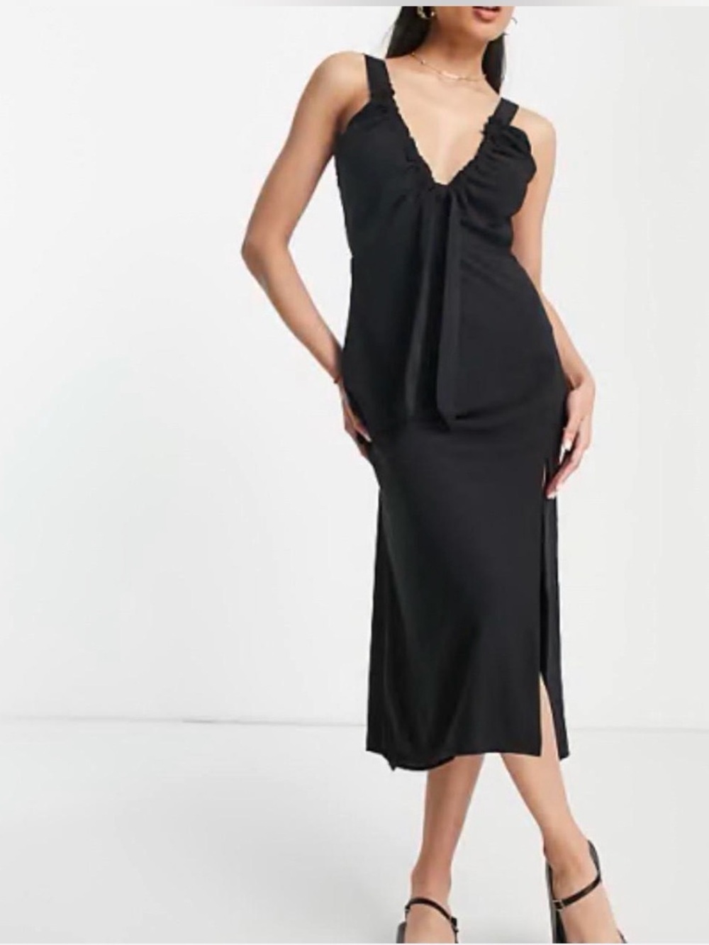 Abercrombie & Fitch Black V-Neck Tie-Front Midi Dress with Slit -  XXS